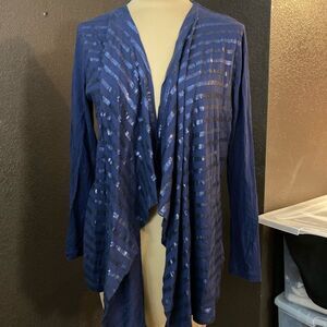 Calvin Klein navy sequin‎ striped open front shawl collar shark bite cardigan